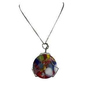 Wire Wrapped Colorful Fused Glass Pendant Necklace Silver Tone Chain 19" Estate